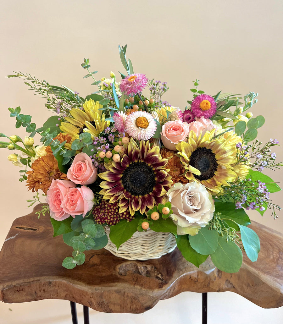 Pink spray roses, pink strawflowers, mums, stock in basket. Just because flowers. Same day delivery and pick up in Houston Heights