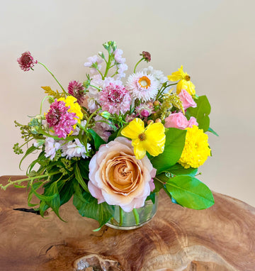 Premium garden style arrangement fall theme with strawflower, butterfly ranunculus, scabiosa, stock, perfect Houston birthday flowers. 