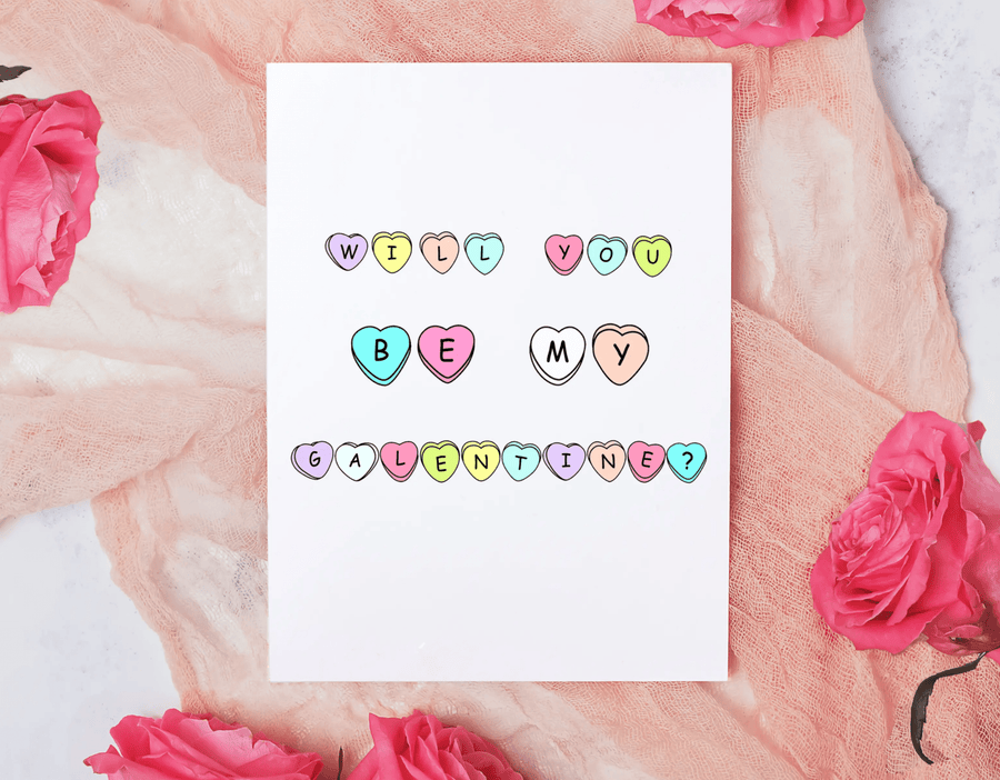 Ask your bestie this Galentine? This galentine card is designed with small heart spelling out 